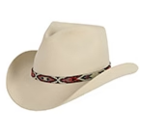 Cream straw cowboy hat with a woven Southwestern-patterned red and black hatband
