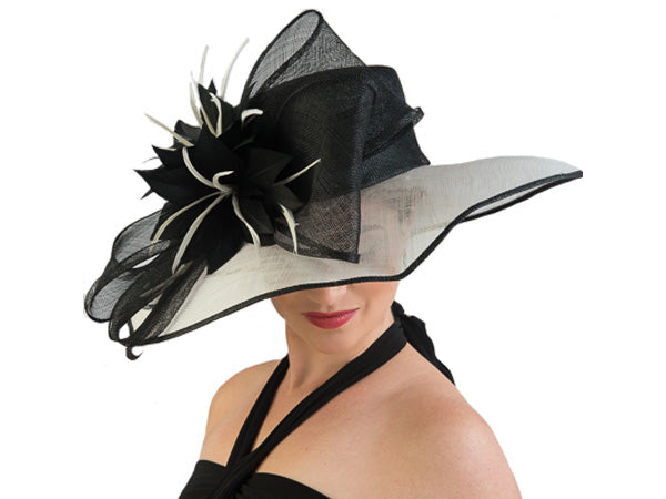 Yvette Wide Brim Sinamay Hat Black and White