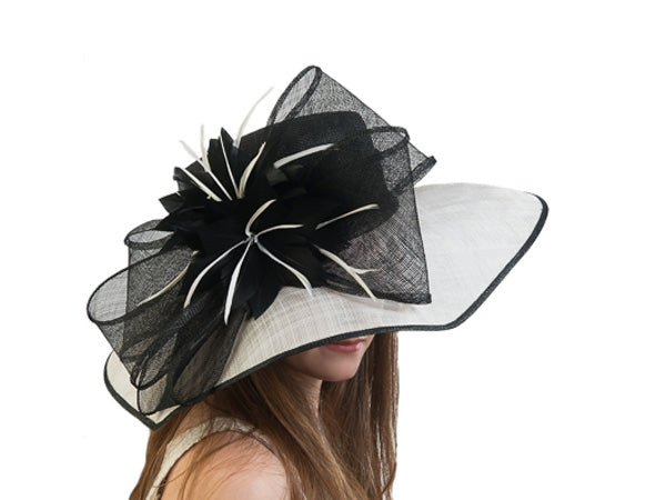 Yvette Wide Brim Sinamay Hat Black and White