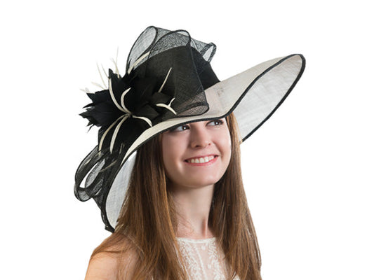 Yvette Wide Brim Sinamay Hat Black and White